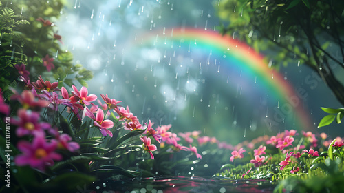 Garden Bliss: Vibrant Rainbow Rejuvenation A stunning garden scene full of life and color, captured in photorealistic detail with a majestic rainbow stretching over lush blooming