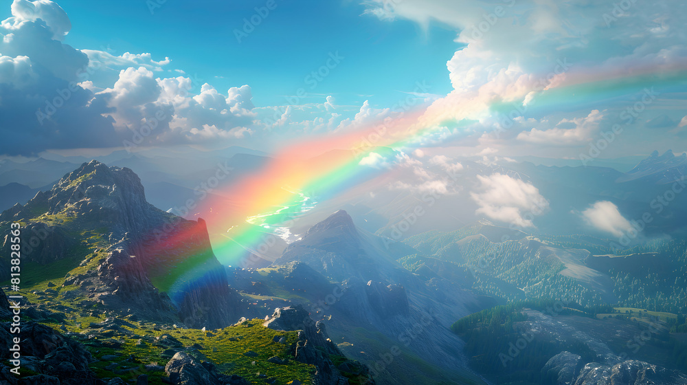 Hopeful Renewal: Breathtaking Rainbow Over High Mountain Vista   Photo Realistic Concept