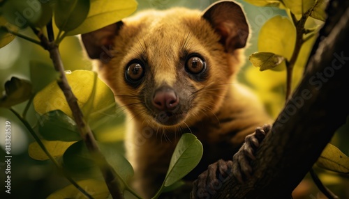 A kinkajou peers curiously from behind green leaves in the dim forest light photo