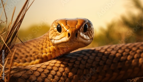 Detailed view of a brown Inland Taipan snake blending in the grass in its natural habitat © Anna