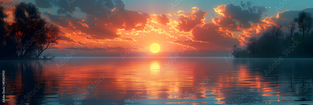Lakeside Sunset Reflections: The Setting Sun s Dance of Colors on Tranquil Waters, Photo Realistic Concept