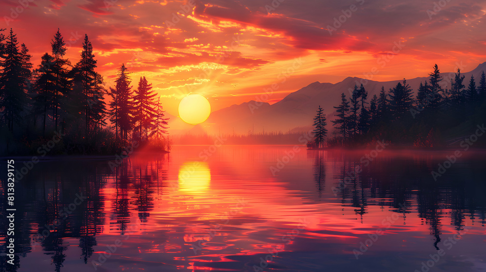 Lakeside Sunset Reflections: A Photorealistic Tapestry of Colors as the Sun Sets on the Peaceful Waters in this Photo Stock Concept