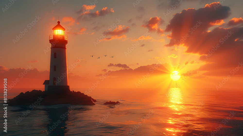 Stunning Photo Realistic Lighthouse Sunset Watch Concept with Historic Beacon Guiding Sailors Home in Golden Sunlight   Adobe Stock