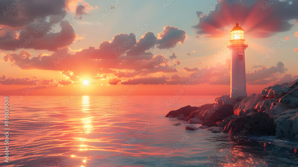 Photo realistic concept of a historic lighthouse at sunset, casting beams of light to guide sailors home