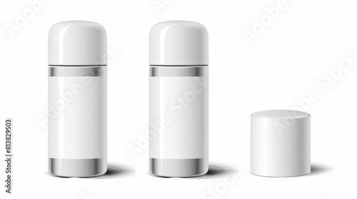 This realistic modern shows a roll-on deodorant antiperspirant. Cosmetics for skin care and antisweat. White plastic tube with silver cap isolated on white background. Design template for packaging.