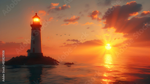Stunning Photo Realistic Lighthouse Sunset Watch Concept with Historic Beacon Guiding Sailors Home in Golden Sunlight Adobe Stock