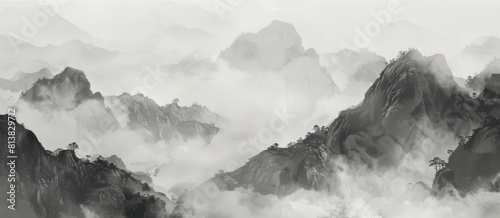 Mist-Enveloped Peaks A Monochrome Panorama of Mountain Ranges