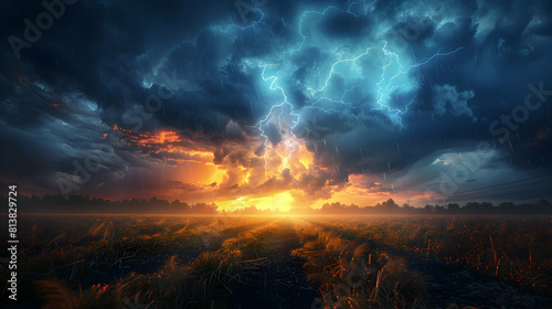 Vivid Lightning Storm Over Farmland  A Surreal Photo Realistic Image Showcasing Nature s Power Across Vast Landscapes