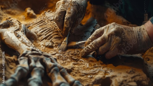 Archeologists discover fossil remains of new predator species while digging an archaeological excavation site. Close-up of hands cleaning Tyrannosaurus Dinosaur Skeleton with brushes.