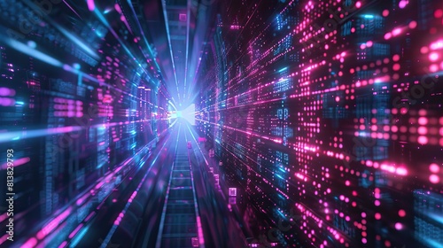 Bright light at the end of a futuristic digital tunnel with blue and pink data streams