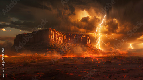 Electrifying Moment: Lightning Strikes Desert Mesa Stark and Dramatic Landscape Captured in Stunning Photo Realistic Concept on Adobe Stock
