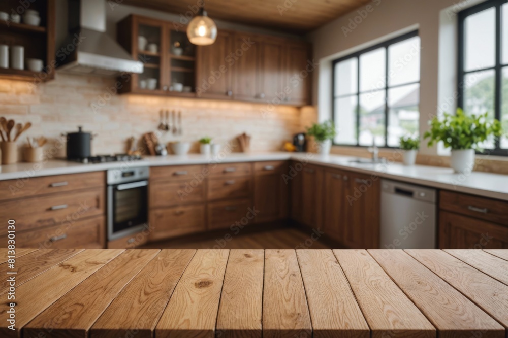 Fototapeta premium Wood table top on blur kitchen room background .For montage product display or design key visual layout.