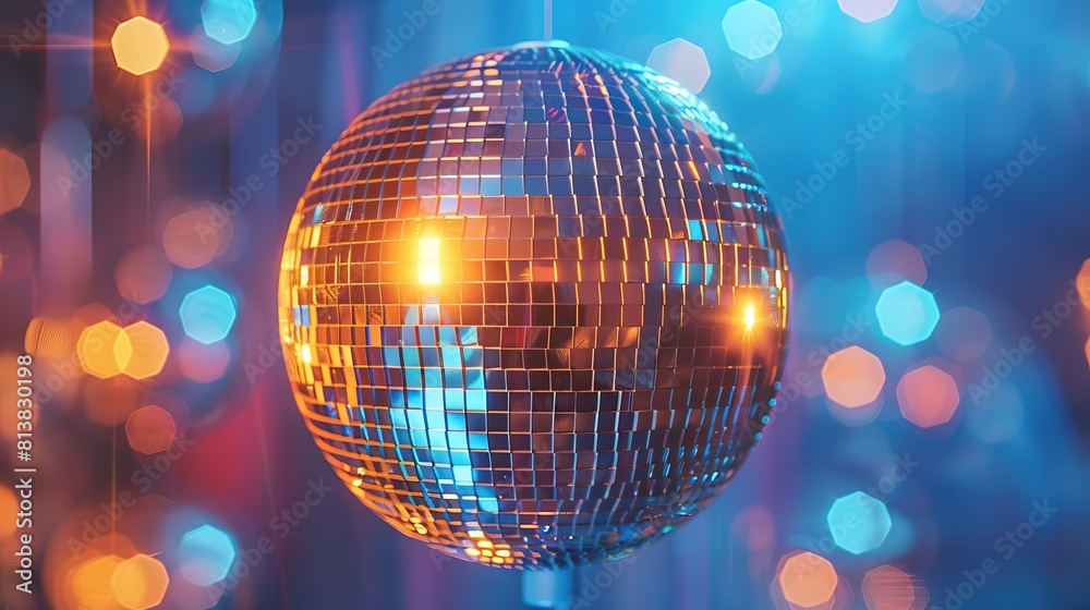 Obraz premium Disco ball casting vibrant colorful reflections on a glossy surface with a bokeh light background