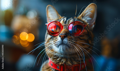 Stylish Cat in Red Sunglasses Posing with Elegant Demeanor Against a Blurred Cityscape Background at Dusk