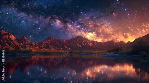 Starry Night: Milky Way Illuminates Desert Oasis Captivating Celestial Scene in Photo Realistic Photo Stock Concept