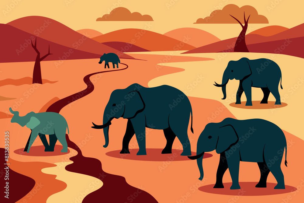 Fototapeta premium African animals - elephants, in search of water in the arid desert. Negative emotions showing the problems of mankind in the wilderness