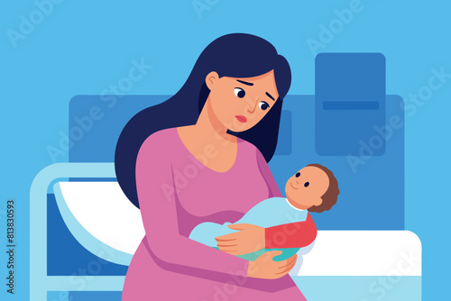 A tired mom holds her newborn baby in her arms in a room on the maternity ward