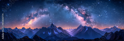 Stunning Photo Realistic Landscape: Milky Way Illuminating Mountain Peaks Captivating night sky scene with galaxy stretching over majestic mountains in celestial brilliance. Idea