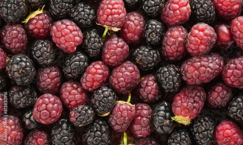 A mix of fresh blackberries and raspberries. The glossy  bumpy surface of the berries is rich and detailed  with the soft  veined texture of the leaves providing a contrasting element.