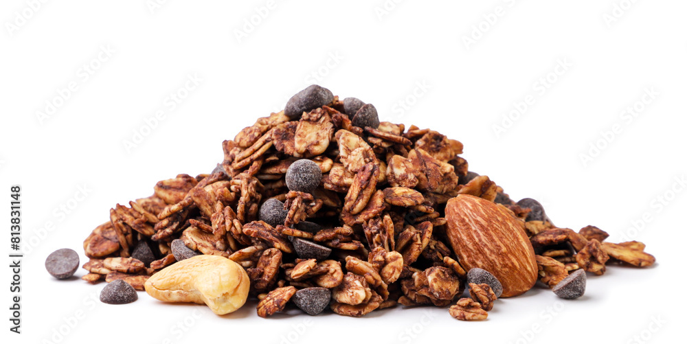 Pile of chocolate granola with nuts close-up on a white background. Isolated Pile of chocolate granola with nuts close-up on a white background. Isolated