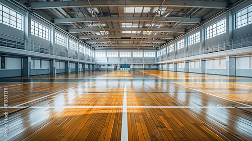 An indoor sports stadium with a wooden floor  empty and clean  with white walls. 
