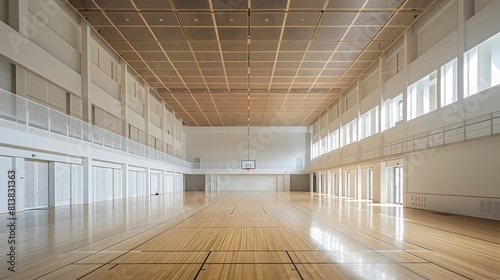 An indoor sports stadium with a wooden floor  empty and clean  with white walls. 