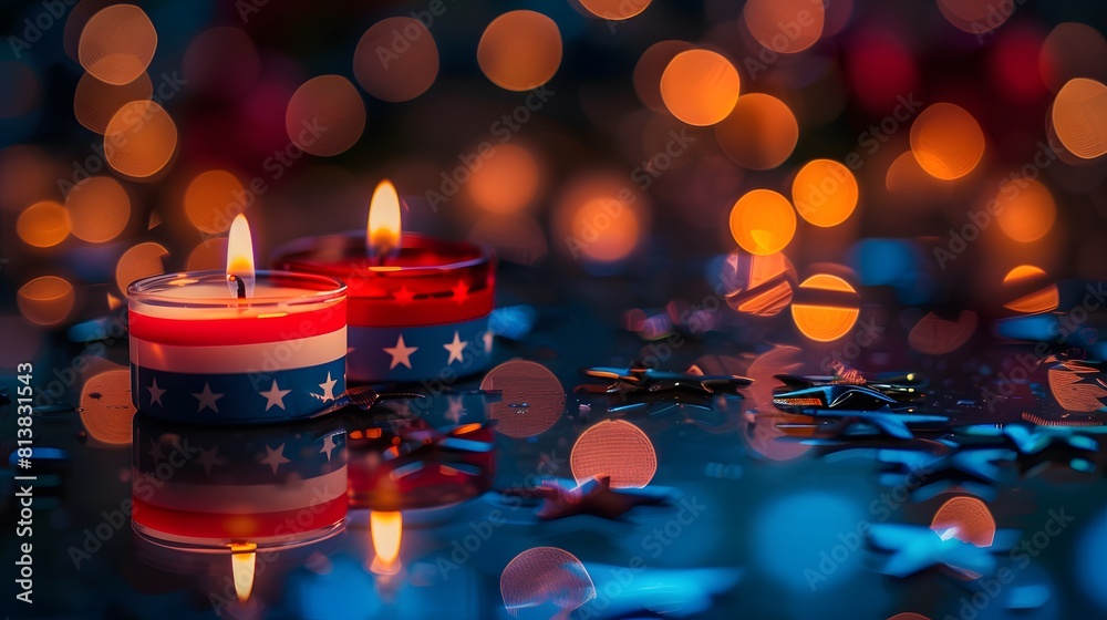 Multiple small candles with the flag design on them, placed in a dark room with soft lighting and bokeh effect. Suitable for celebrating USA national holiday.
