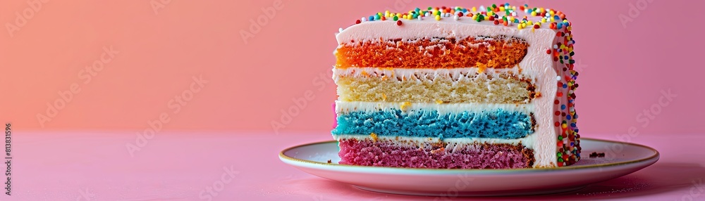 Fototapeta premium A slice of rainbow cake on a white plate against a pink background.