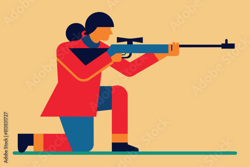winter biathlon competition. Athlete with a ventovka in his hands aiming at the target.