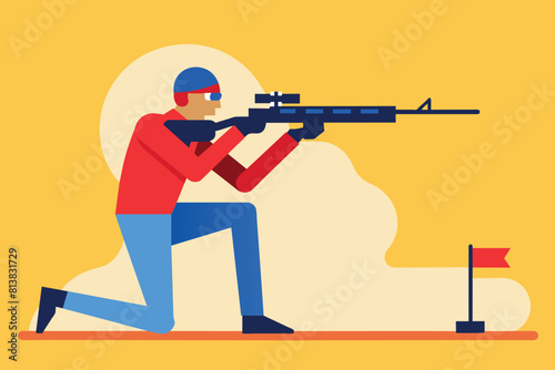 winter biathlon competition. Athlete with a ventovka in his hands aiming at the target.