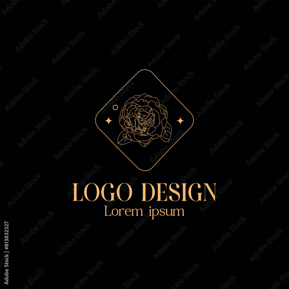 Hand Drawn Abstract Boho Rose Logo Template on Black Background. Vector Linear Minimalistic Illustration with Flower, Stars and Frame. Luxury Design for Web, Beauty, Cosmetics, Jewelry, Tattoo. Hand Drawn Abstract Boho Rose Logo Template on Black Background. Vector Linear Minimalistic Illustration with Flower, Stars and Frame. Luxury Design for Web, Beauty, Cosmetics, Jewelry, Tattoo.
