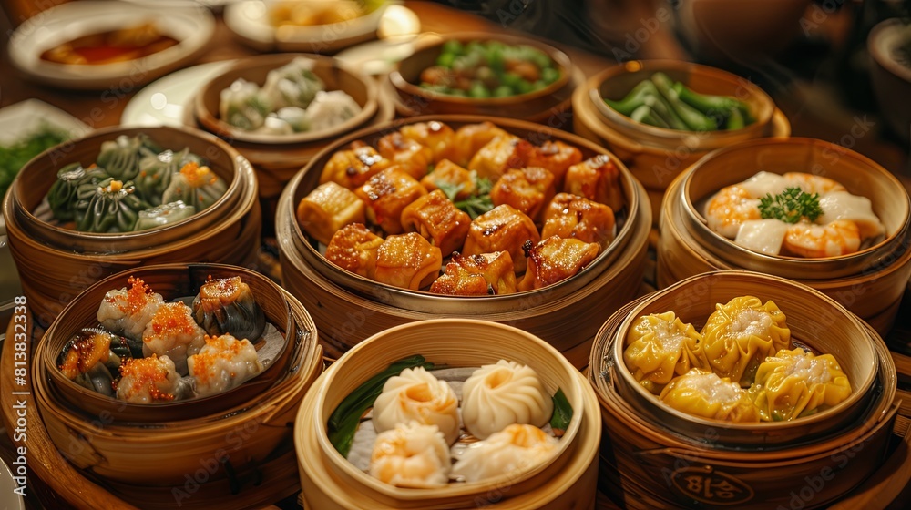 A variety of dim sum dishes are arranged in bamboo steamers on a table. A variety of dim sum dishes are arranged in bamboo steamers on a table.