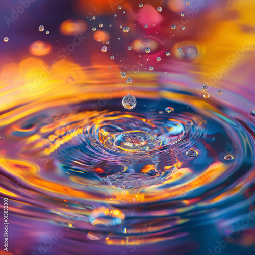 Vivid Water Drop Splashes in Colorful Reflections Against Abstract Background