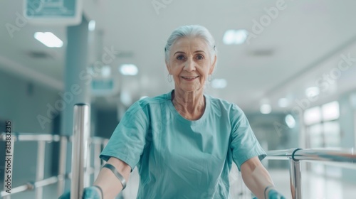 Portrait of a strong senior female patient who successfully walks while holding parallel bars. The physiotherapist and rehabilitation doctor are helping, assisting the patient. photo