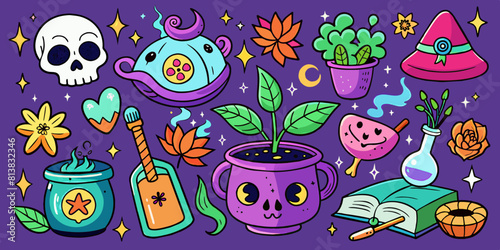 Cartoon set of stickers of magic and witchcraft.