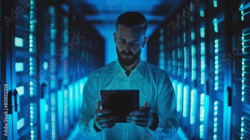 A handsome IT specialist uses a tablet computer in a data center. A successful businessman and entrepreneur is looking out over a large server farm.