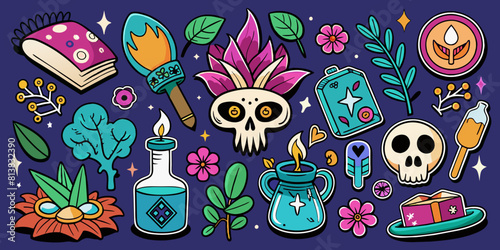 Cartoon set of stickers of magic and witchcraft.