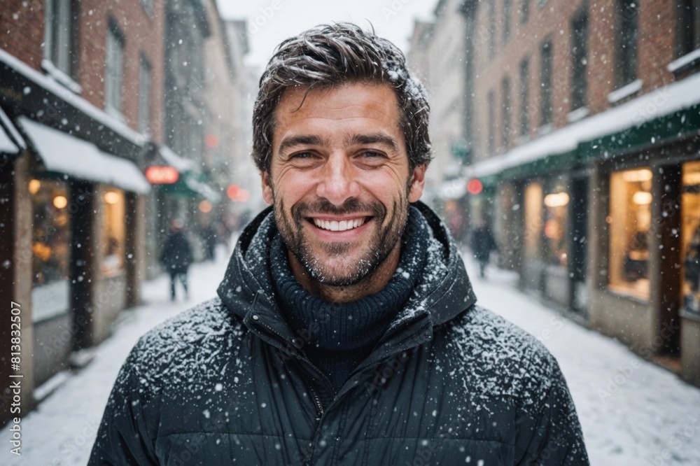Happy man in snowfall Happy man in snowfall