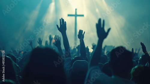 Religion concept: Christian man raising his hands in the air in front of a cross.