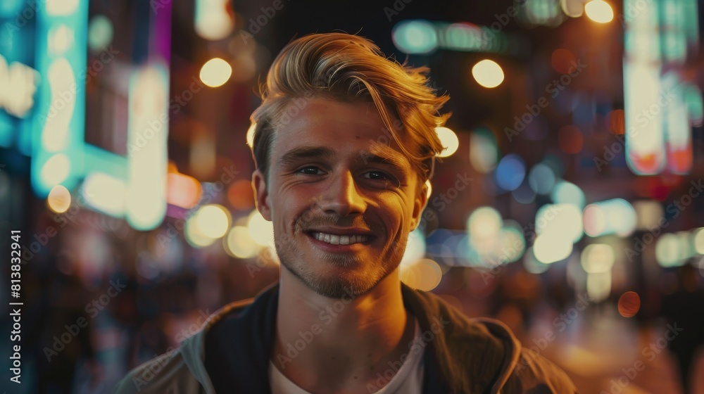 Handsome Blonde Man looking at camera, standing at night with neon street lights in background. Confident Young Male with Stylish Hair. Close-up Portrait.