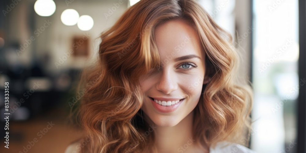 Beautiful laughing  model girl with long curly hair. Studio shot. Beauty saloon. Selective focus. Generative AI.