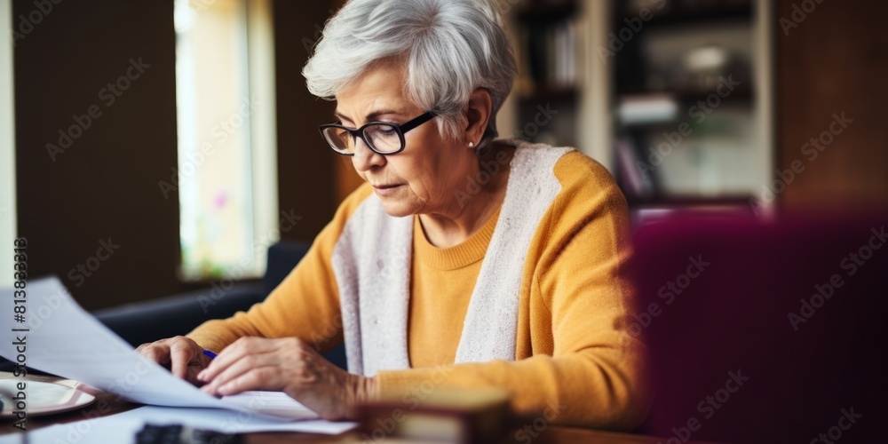 An elderly woman fills the bill for payment of utility services. Generative AI.