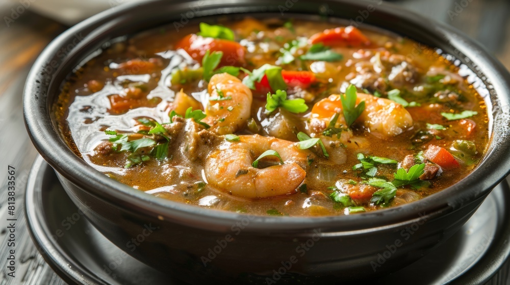 Gumbo is an American cuisine dish common in the state of Louisiana. It is a thick soup with spices, similar in consistency to stew. Gumbo is an American cuisine dish common in the state of Louisiana. It is a thick soup with spices, similar in consistency to stew.
