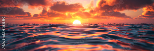 Photo realistic Oceanic Sunset Splendor: The sun dips below the ocean horizon casting vibrant hues in a stunning display