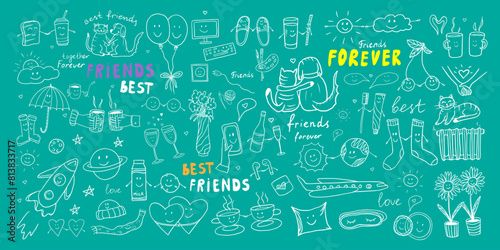Cute set of friendship clipart in doodle style. Large collection with quotes, hearts, sweet, drinks, cats, dogs, sun, space, cups, party decoration. Hand drawn icons