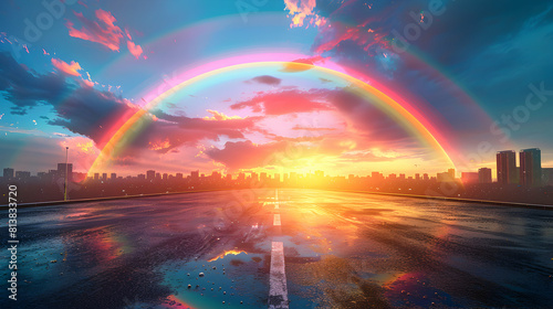 Urban Landscape Transformation: Overpass Rainbow Arch   A photorealistic concept of a stunning overpass with a rainbow arching perfectly above, creating a magical gateway in the ci photo