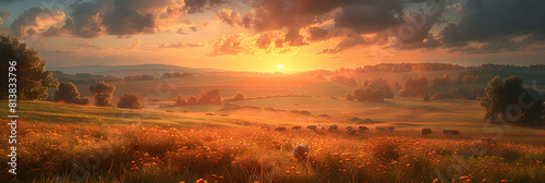 Sunset over picturesque farm fields and livestock in serene pastoral landscape   Photo realistic concept capturing the tranquility of rural sunset photo