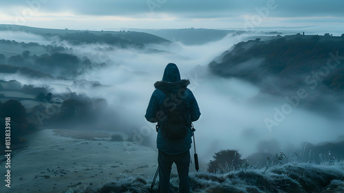 Photographer Capturing Morning Mist: A professional in a misty landscape capturing the ephemeral beauty of early hours   Photo Realistic Concept photo