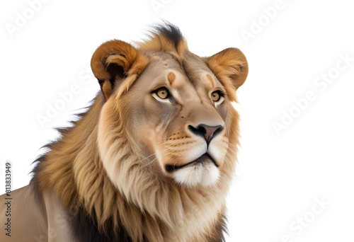 A portrait of a male adult African lion with a fur coat and piercing eyes against a plain white background