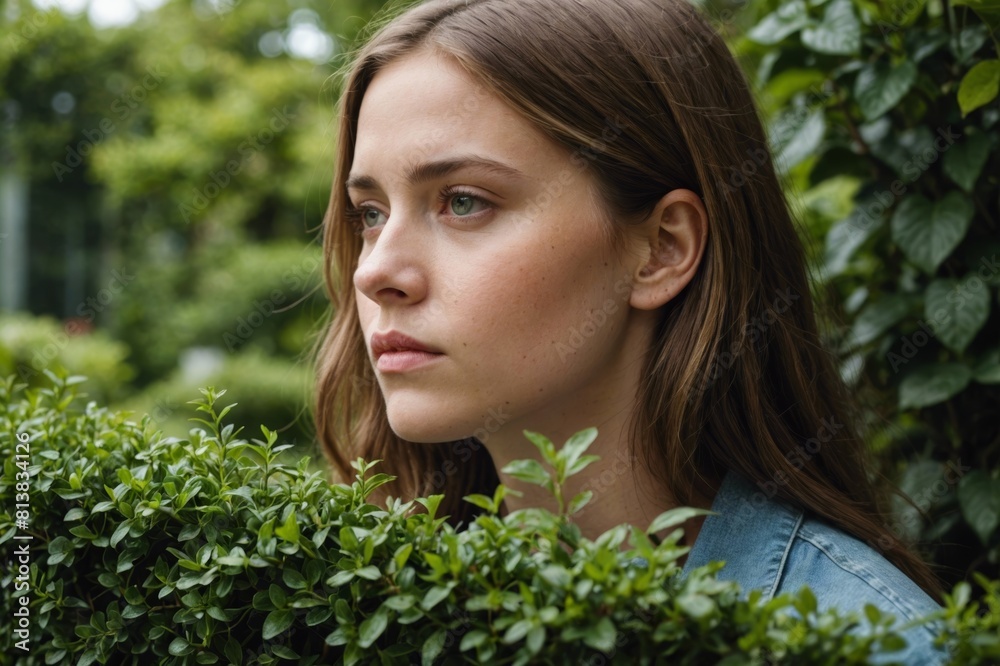 young woman lost in thoughts looking out a large window with her face reflecting on the glass and a green hedge outside young woman lost in thoughts looking out a large window with her face reflecting on the glass and a green hedge outside